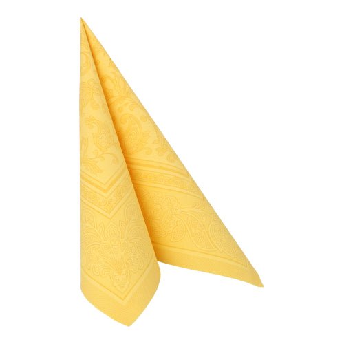 Une serviette jaune de la PAPSTAR GmbH "ROYAL Collection" (40 x 40 cm, 1/4 pli) est pliée en triangle debout sur fond blanc.