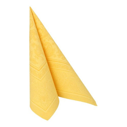 Une serviette jaune de la PAPSTAR GmbH "ROYAL Collection" (40 x 40 cm, 1/4 pli) est pliée en triangle debout sur fond blanc.