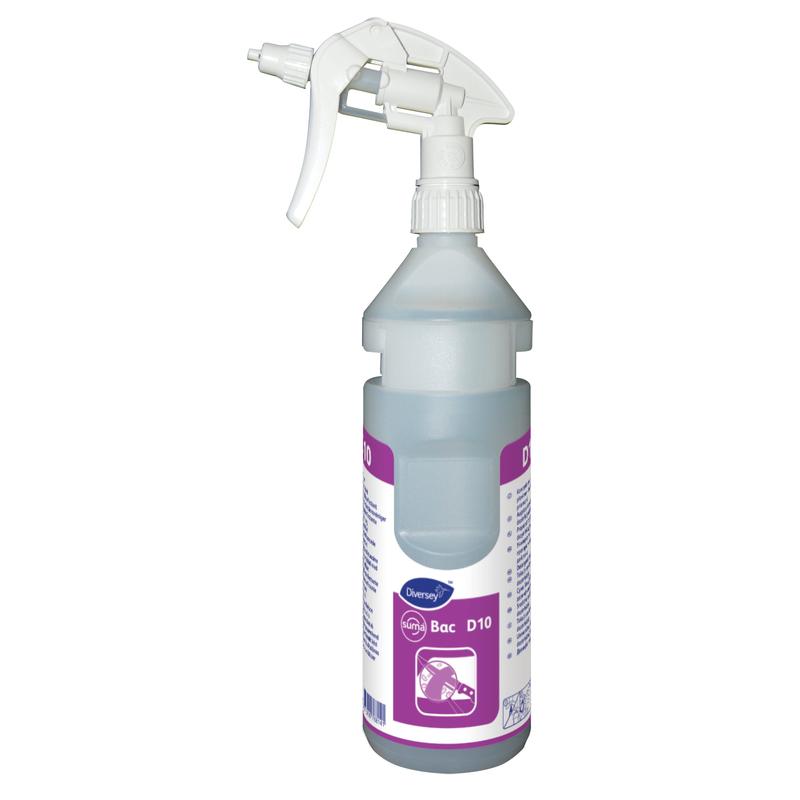 Une bouteille en plastique transparente avec un déclencheur blanc, contenant un liquide bleu et une étiquette violette-blanche, est le kit de bouteilles Suma Bac D10 conc (0,75l) de Diversey Deutschland GmbH & Co. OHG, adapté aux systèmes Divermite et DQFM.