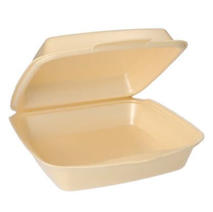 Une boîte à menu Starpak 50 rectangulaire beige avec couvercle rabattable pour emporter est ouverte et vide, montrant son intérieur lisse avec un couvercle attaché à l'arrière.