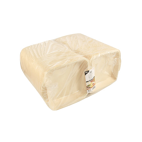 Une pile de boîtes à menu Starpak 50 avec couvercle rabattable, XPS beige laminé, idéale pour l'emballage des aliments, emballée dans du plastique transparent avec une étiquette de produit Starpak sur le devant.