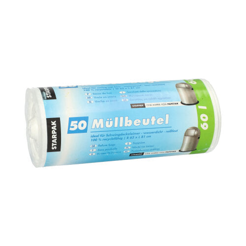 Un rouleau de 50 sacs poubelle Starpak, sacs HDPE blancs (60 l, 81 x 63 cm), avec des inscriptions en allemand et emballés dans une housse avec le logo Starpak.