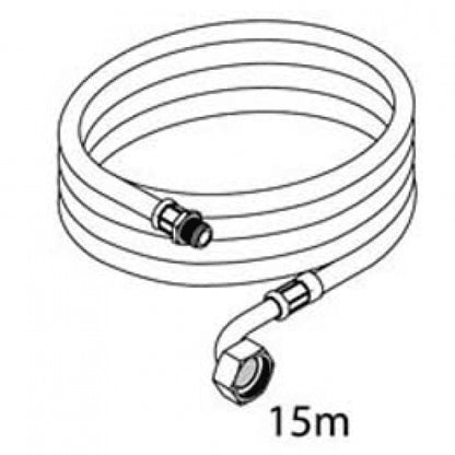 Dessin au trait noir et blanc du tuyau de 15 mètres "pour J2000, avec raccord rapide" de Diversey Deutschland GmbH & Co. OHG, avec des connexions aux deux extrémités et un raccord rapide pour une fixation facile.