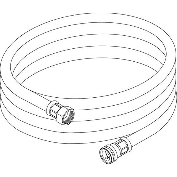 Dessin au trait noir et blanc d'un tuyau pour J2000, avec raccord rapide de Diversey Deutschland GmbH & Co. OHG, enroulé avec des raccords (hexagonaux et cylindriques) pour une fixation facile.