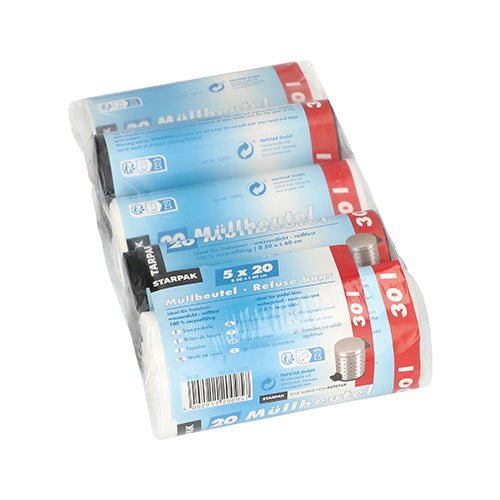 Le pack de 100 sacs poubelle Starpak contient 100 sacs poubelles en HDPE (30 l, 60 cm x 50 cm), coloris assortis, avec des informations sur le produit sur l'étiquette bleue et rouge.