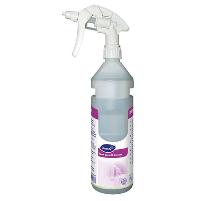 Une bouteille vaporisateur transparente Room Care R9 Plus Pur-Eco en plastique, vide, de Diversey Deutschland GmbH & Co. OHG, avec une buse blanche et une étiquette avec des accents violets, conçue pour des produits de nettoyage écologiques.