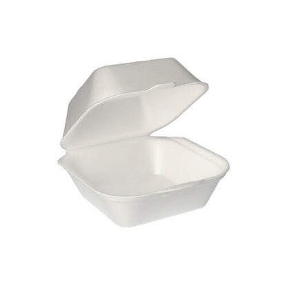Une boîte à hamburger Starpak XPS blanche (7,5 x 12 x 12 cm) avec couvercle rabattable, ouverte devant un fond simple. L'emballage contient 100 boîtes sous vide.