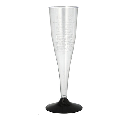 Un verre à pied en polystyrène Starpak clair (0,1 l, Ø 5 cm, 17,5 cm) avec un fond noir est debout sur un fond blanc. L'emballage contient six verres élégants avec un texte vertical discret sur le bord.