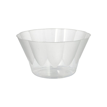 Le bol à glace et à dessert en polystyrène transparent Starpak de 400 ml (Ø 12 cm, H 7 cm) du pack de 20 se distingue par un bord légèrement évasé et un aspect facetté - parfait pour les desserts, présenté sur un fond blanc.