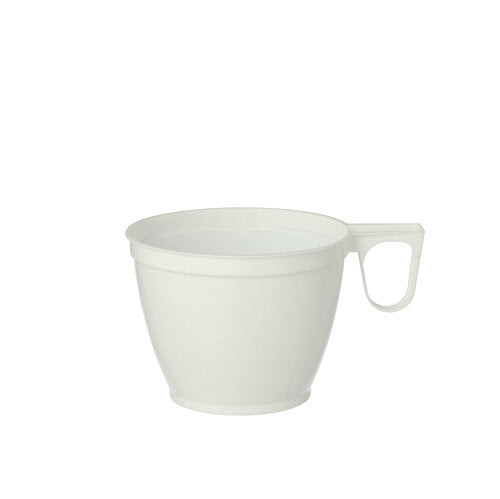 Une simple tasse à café Starpak 60 blanche, PS 0,18 l avec un corps large et arrondi et une petite poignée plate sur le côté droit, sur fond blanc.