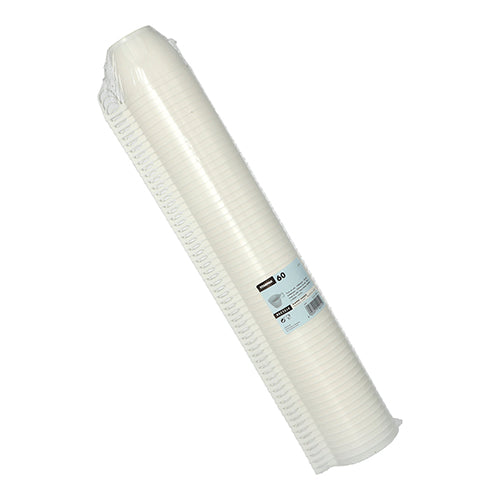 Représenté est un empilement de 60 tasses à café Starpak blanches (PS, 0,18 l, Ø7,8 cm, 6 cm) enveloppées dans du film rétractable avec une étiquette de produit, sur laquelle les détails et la quantité sont affichés sur fond blanc.