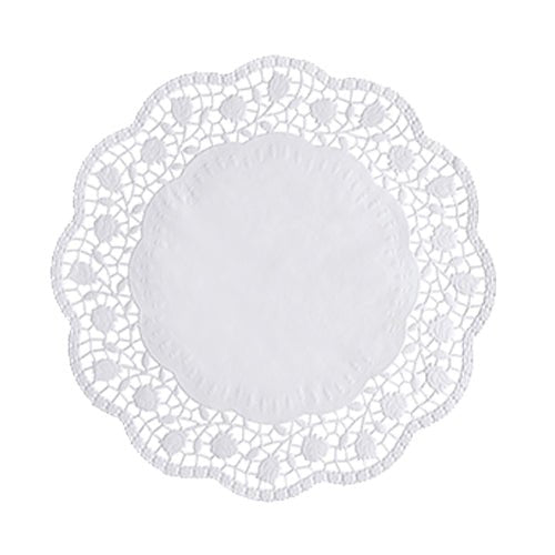Les PAPSTAR 100 napperons ronds, blancs de PAPSTAR GmbH sont en papier certifié FSC, ont un centre solide et un motif floral délicat sur le bord ondulé.
