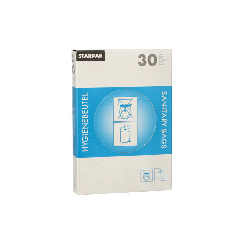 La boîte distributrice Starpak contient 30 sacs hygiéniques blancs (28,5 x 8 x 7 cm) avec un emballage bleu et blanc, l'inscription «HYGIENEBEUTEL» et «SANITARY BAGS», avec des instructions et des illustrations de poubelles sur le devant.