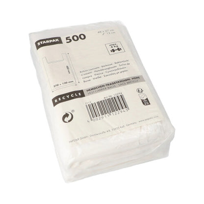 Un emballage en plastique transparent avec 500 sacs à bretelles Starpak blancs (HDPE, 48 x 27 x 12 cm), étiqueté avec des symboles de recyclage et un code-barres. Idéal pour les objets légers ; les détails du produit sont sur le devant.