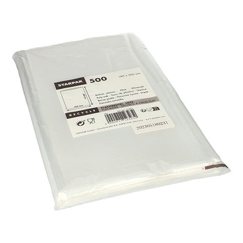 Le sac plat Starpak 500, LDPE transparent, offre une solution d'emballage de haute qualité. Les sacs plats sont visibles dans un emballage transparent avec des informations sur le produit, des symboles de recyclage et un code-barres sur l'étiquette.