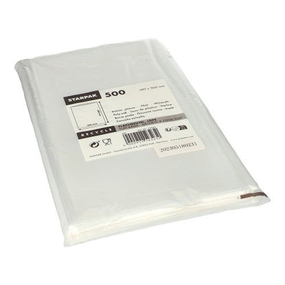 Le sac plat Starpak 500, LDPE transparent, offre une solution d'emballage de haute qualité. Les sacs plats sont visibles dans un emballage transparent avec des informations sur le produit, des symboles de recyclage et un code-barres sur l'étiquette.