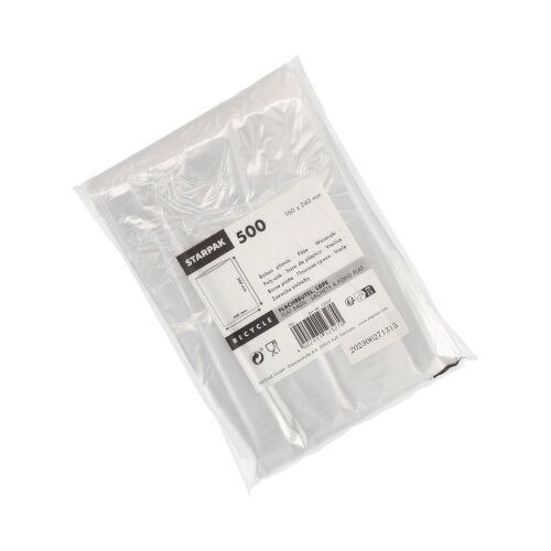Les sacs plats Starpak 500 en LDPE transparent sont emballés dans un emballage clair avec une étiquette blanche montrant les détails du produit, les dimensions et les codes-barres.