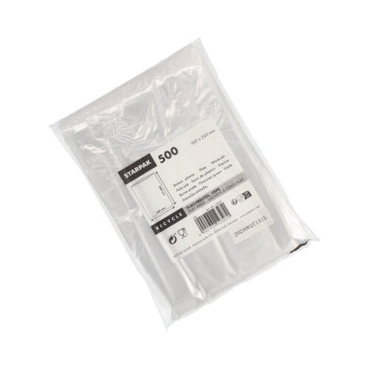 Les sacs plats Starpak 500 en LDPE transparent sont emballés dans un emballage clair avec une étiquette blanche montrant les détails du produit, les dimensions et les codes-barres.