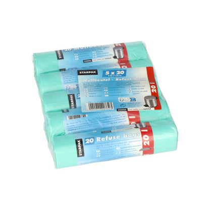 Un paquet de cinq rouleaux de sacs poubelles Starpak 20 (HDPE, 20 l, 50 cm x 45 cm, menthe). Chaque rouleau contient 20 sacs et est enveloppé dans un plastique transparent avec une bande bleu-rouge contenant des informations sur le produit et la marque Starpak.