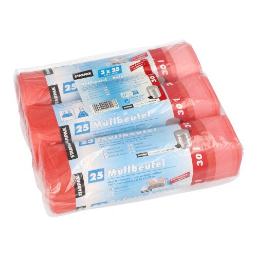 Trois rouleaux de sacs poubelles Starpak 75 avec lien de serrage, sacs HDPE rouges (30 l, 70 x 55 cm), chaque rouleau avec une étiquette bleu-blanc portant l'inscription «sacs poubelles» et des images de poubelles, au total 75 sacs par paquet.