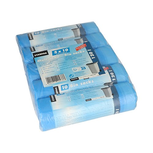 Un paquet de 50 sacs poubelles Starpak HDPE avec cordon de serrage, 120L (100x70cm), bleu, emballé sous film rétractable. L'emballage contient des détails sur le produit et des instructions d'utilisation.