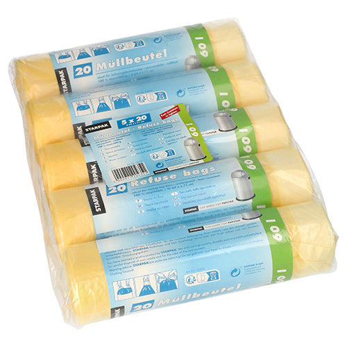 Un paquet Starpak enveloppé de plastique contient 100 sacs poubelles jaunes avec lien de serrage (PEHD, 60 l, 71 x 64 cm), répartis en cinq rouleaux de 20 sacs chacun. Les étiquettes contiennent des instructions et des détails sur le produit en plusieurs langues pour une manipulation facile et une stabilité.