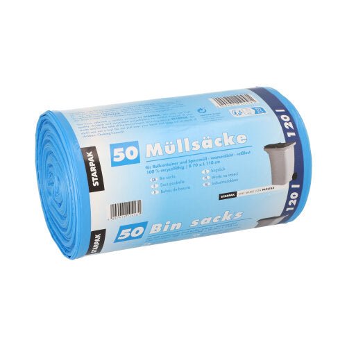Un rouleau de 50 sacs poubelle HDPE bleus de Starpak (120 l, 110 x 70 cm), étiqueté avec des détails sur le produit et une image de poubelle. Emballé comme « Starpak 50 sacs poubelle, HDPE 120 l 110 cm x 70 cm bleu | Bandeau (50 pièces) ».