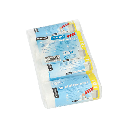 Eine Packung Starpak 120 Müllbeutel mit Tragegriffen, HDPE 10 l, 42 cm x 39,5 cm transparent (120 Stück), wird in blau-weißer Verpackung mit Produktinformationen und Bildern von Mülltonnen auf dem Etikett geliefert.