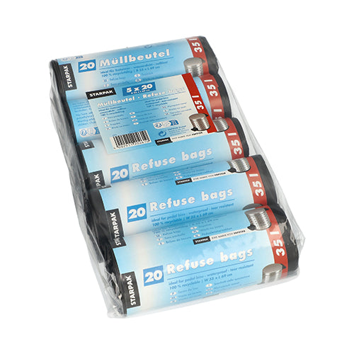 Un emballage en plastique contient cinq rouleaux de sacs poubelle Starpak 100, HDPE 35 l, 69x55 cm, noir. L'emballage bleu et blanc contient des informations sur le produit en allemand et en anglais.