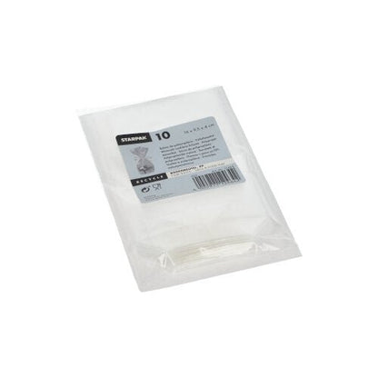 Un emballage plastique transparent avec 10 sacs à fond Starpak transparents (PP), chacun mesurant 14 x 10 x 4,4 cm, illustré sur une surface blanche - emballage transparent idéal pour les aliments.
