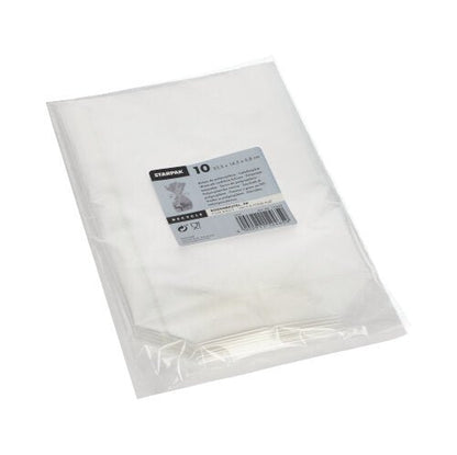 Un paquet de dix sacs à fond Starpak 10, PP transparent de Starpak, est soigneusement empilé dans un emballage transparent montrant les sacs et contenant des informations sur le produit et les dimensions.