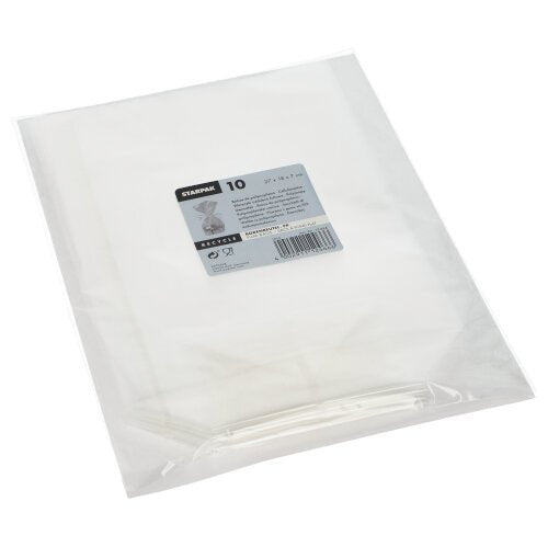 Un paquet de 10 sacs à fond Starpak en PP transparent dans un emballage rectangulaire transparent avec une étiquette blanc-gris contenant des informations sur le produit et un code-barres.