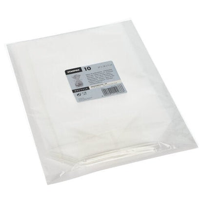 Un paquet de 10 sacs à fond Starpak en PP transparent dans un emballage rectangulaire transparent avec une étiquette blanc-gris contenant des informations sur le produit et un code-barres.
