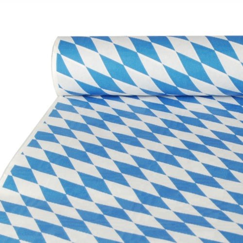 La nappe en papier avec gaufrage damassé (10 m x 1 m) de la PAPSTAR GmbH est partiellement déroulée et montre son motif festif en losanges bleu et blanc – parfait pour des occasions spéciales.