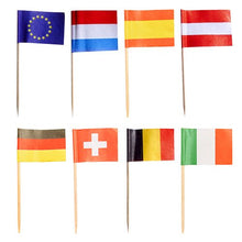 Cinquante PAPSTAR pics décoratifs 8 cm "Nations" avec drapeaux en papier sur bâtons en bois (par PAPSTAR GmbH) sont présentés en deux rangées comme décoration de table élégante, avec les pays UE, Pays-Bas, Espagne, Autriche, Allemagne, Suisse, Belgique & Irlande. Fond blanc.