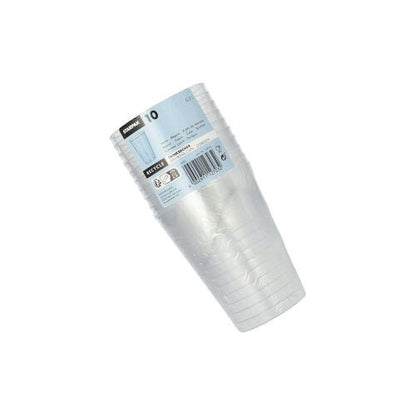 Un paquet de 10 gobelets à usage unique Starpak clairs en plastique (PS, 0,2 l, Ø 7,5 cm x 9,7 cm) est emballé dans un film rétractable et muni d'une étiquette bleu-blanc avec des informations sur le produit et un code-barres.
