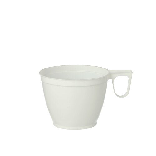 Un paquet de 10 tasses à café Starpak blanches (0,18 l, Ø 7,8 cm, 6 cm de haut) en PS résistant est posé sur un fond blanc. Chaque tasse a une poignée et une forme conique simple - idéale pour la dégustation quotidienne de café.