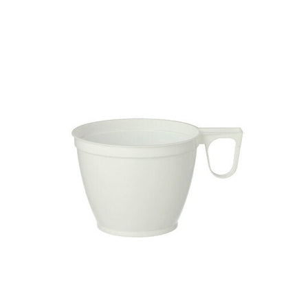 Un paquet de 10 tasses à café Starpak blanches (0,18 l, Ø 7,8 cm, 6 cm de haut) en PS résistant est posé sur un fond blanc. Chaque tasse a une poignée et une forme conique simple - idéale pour la dégustation quotidienne de café.