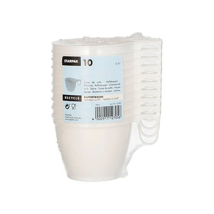 Une pile de dix tasses à café Starpak blanches (PS, 0,18l, Ø7,8cm, 6cm) est emballée dans un film rétractable et munie d'une étiquette bleue sur laquelle figurent les détails du produit, le code-barres et les symboles de recyclage - idéal pour la dégustation pratique de café en déplacement.