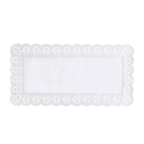 Les PAPSTAR papiers à pointe rectangulaires 40x20 cm, blanc (6 pièces) de PAPSTAR GmbH présentent un napperon rectangulaire blanc avec un centre uni et un bord entrelacé, idéal pour la décoration de table, illustré sur un fond blanc simple.