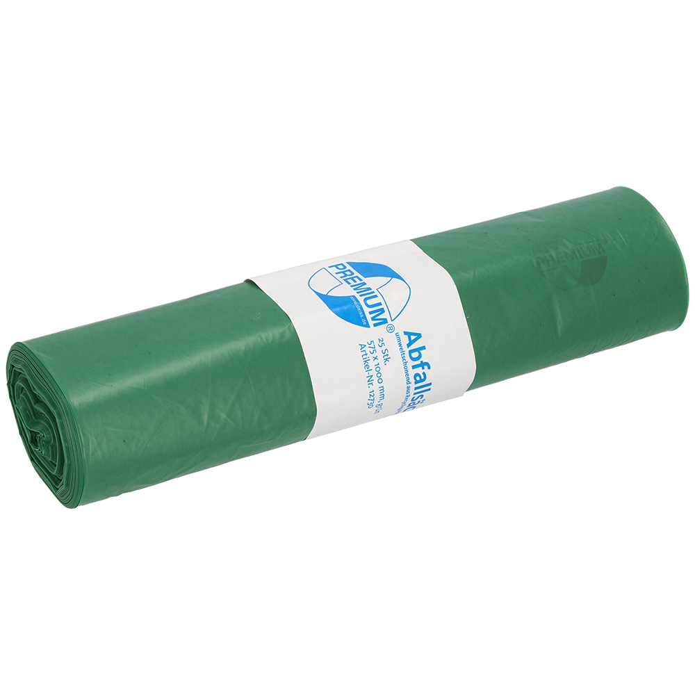 Eine Rolle DEISS 12730 grüner Kunststoff-Müllsäcke (575x1000 mm, 25 Stück) von EMIL DEISS KG (GmbH + Co.), mit einem weiß-blauen Etikett mit Text, Logo und Produktangaben, das in der Mitte umwickelt ist.