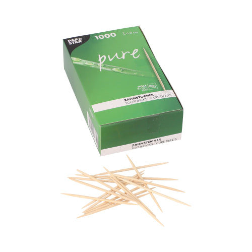Une boîte "pure" verte avec l'inscription PAPSTAR cure-dents ronds en bois certifié FSC, 6,8 cm (1000 pièces) montre des cure-dents éparpillés sur le devant ; l'emballage contient des informations sur le produit en plusieurs langues.