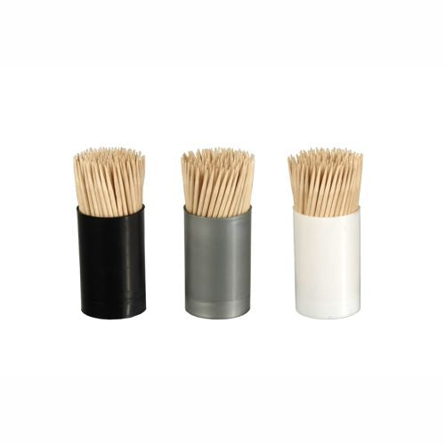 Trois conteneurs cylindriques noirs, gris et blancs, remplis de PAPSTAR cure-dents ronds en bois, 6,8 cm (450 pièces) de la société PAPSTAR GmbH, sont disposés côte à côte sur un fond blanc uni.