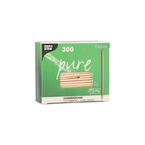 La boîte vert-blanc PAPSTAR cure-dents en bois "pure" ronds, 6,5 cm de PAPSTAR GmbH a une fenêtre visible et contient 300 cure-dents dans un emballage protecteur en film - idéal pour un usage quotidien.