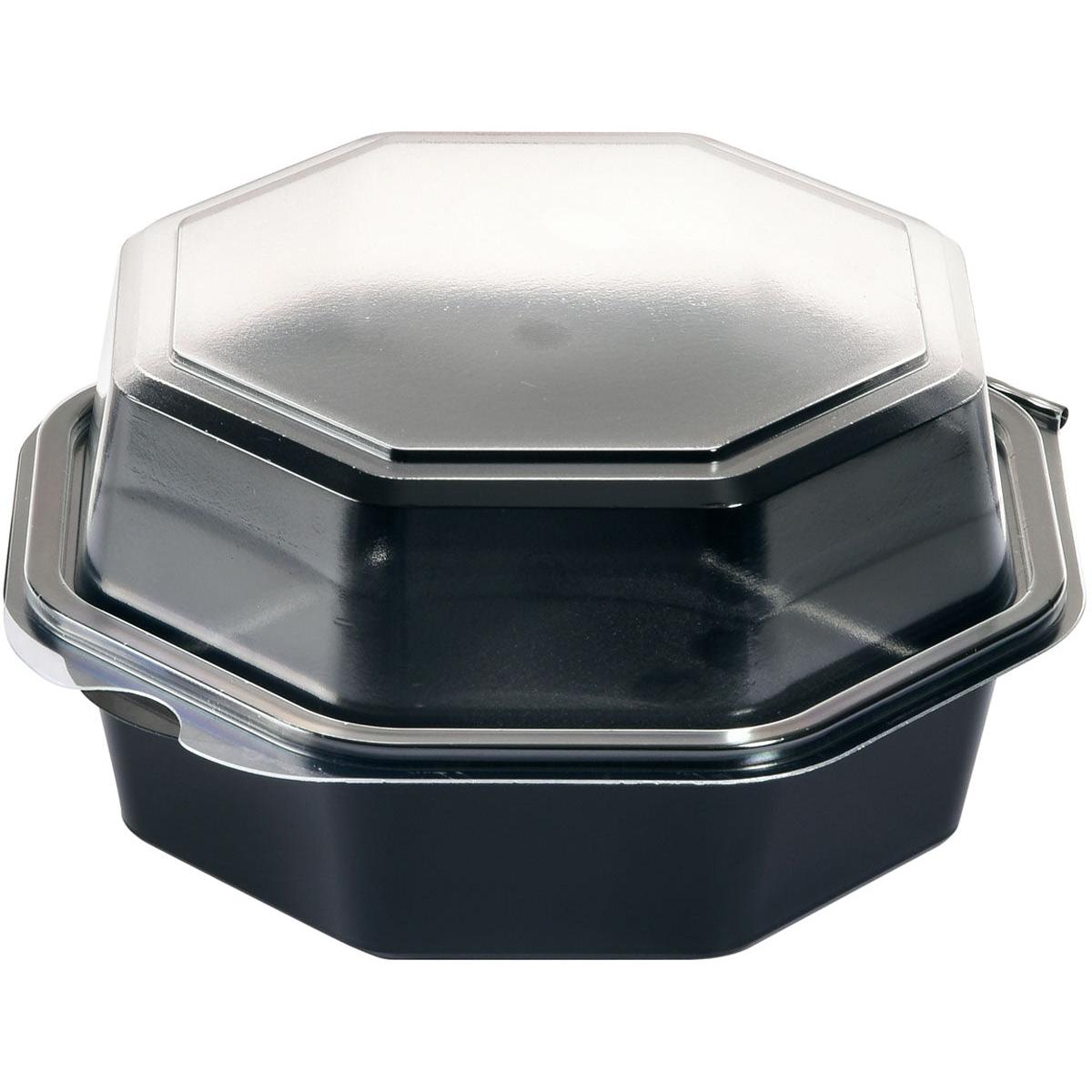 La boîte Duni GmbH Octaview® Noir/Transparent PS 160x160x80 mm (405 pièces) est un contenant alimentaire premium en polystyrène avec un couvercle transparent, idéal pour la présentation professionnelle des aliments.