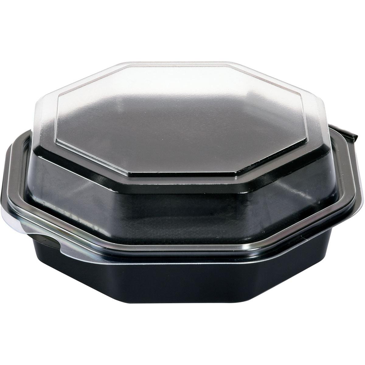 La boîte Octaview® PS Noir/Transparent 160x160x60 mm de Duni GmbH dispose d'un couvercle octogonal clair fixé sur un fond noir, permettant une présentation élégante - fermée sur fond blanc. L'emballage contient 405 pièces.