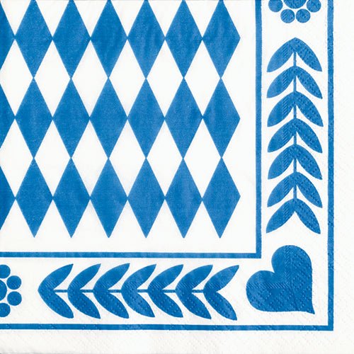 Une serviette blanche PAPSTAR 20, 33x33 cm, 3 plis de PAPSTAR GmbH avec un motif de cœur géométrique bleu et une bordure symétrique; Design Set 6.