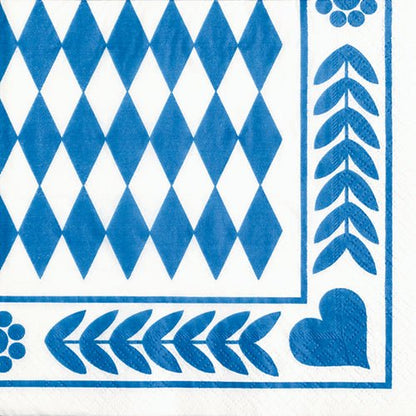Une serviette blanche PAPSTAR 20, 33x33 cm, 3 plis de PAPSTAR GmbH avec un motif de cœur géométrique bleu et une bordure symétrique; Design Set 6.
