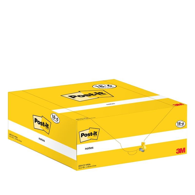 Une boîte jaune de Post-it® Notes de la société 3M Deutschland GmbH contient 18 blocs ainsi que 6 blocs supplémentaires (38 × 51 mm, 100 feuilles par bloc), le tout dans un emballage en carton. Le produit est certifié PEFC (SGSCH-PEFC-COC-110078).