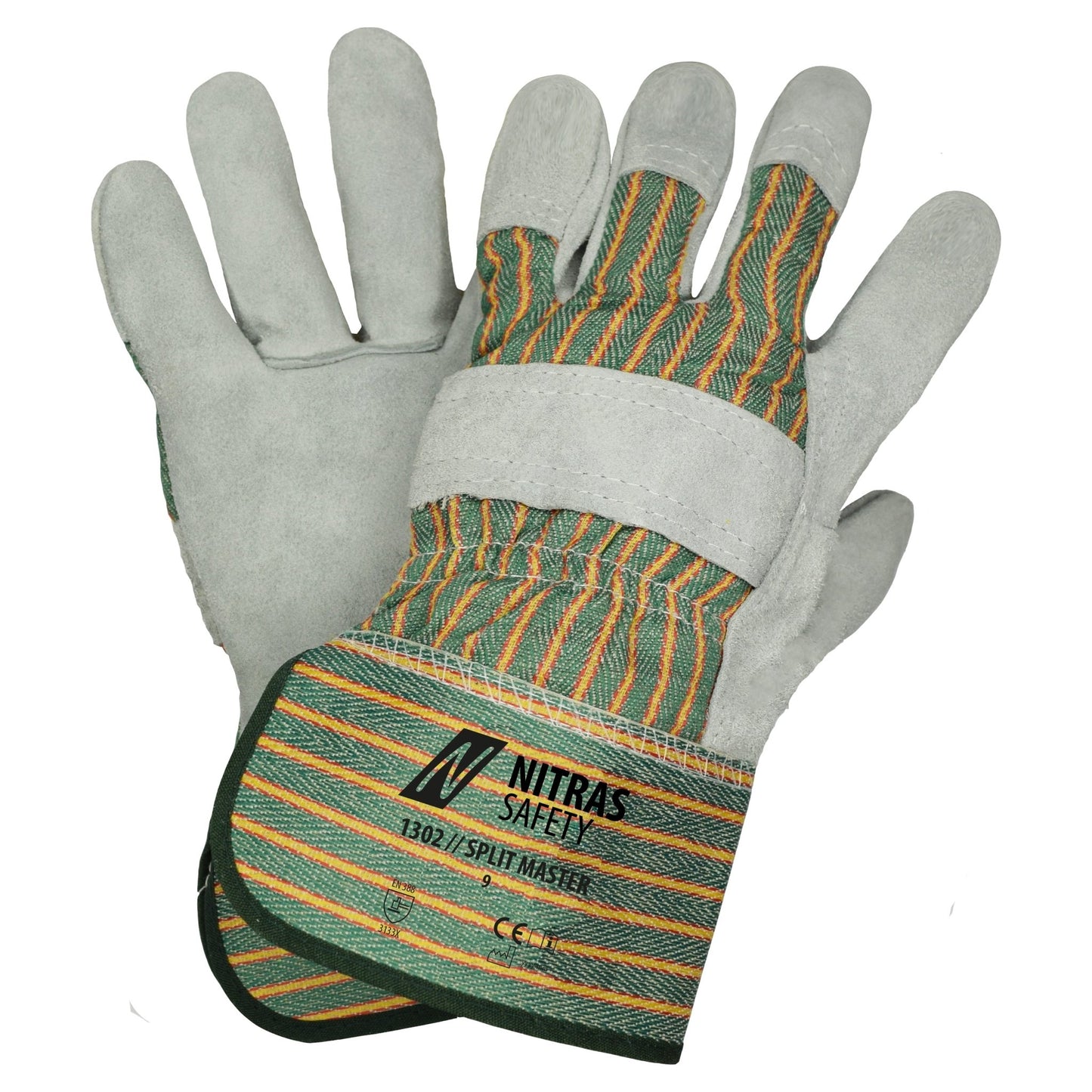 NITRAS SPLIT MASTER, gants en croûte de bovin, rayures vert/rouge/jaune/gris